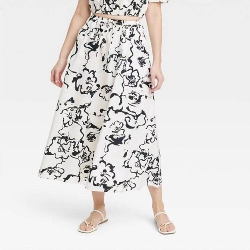 A New Day Black and White Floral A-Line Skirt
